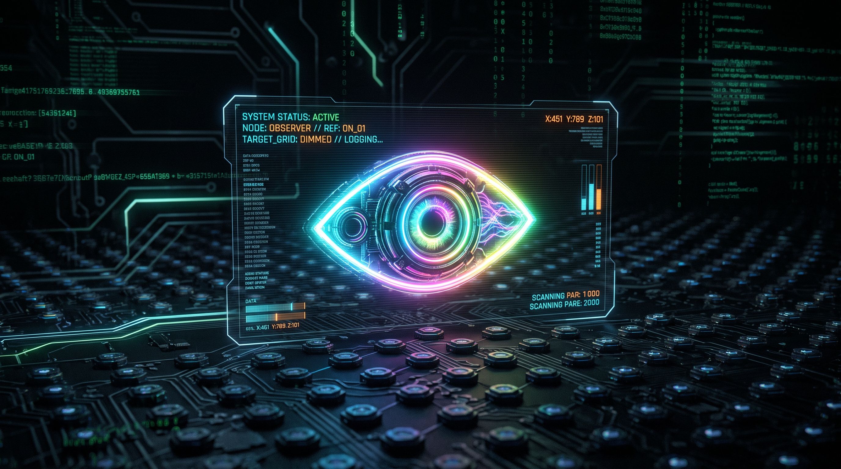 A rainbow-neon eye-shaped HUD panel labelled NODE: OBSERVER on a dark circuit board with matrix code streaming behind it.