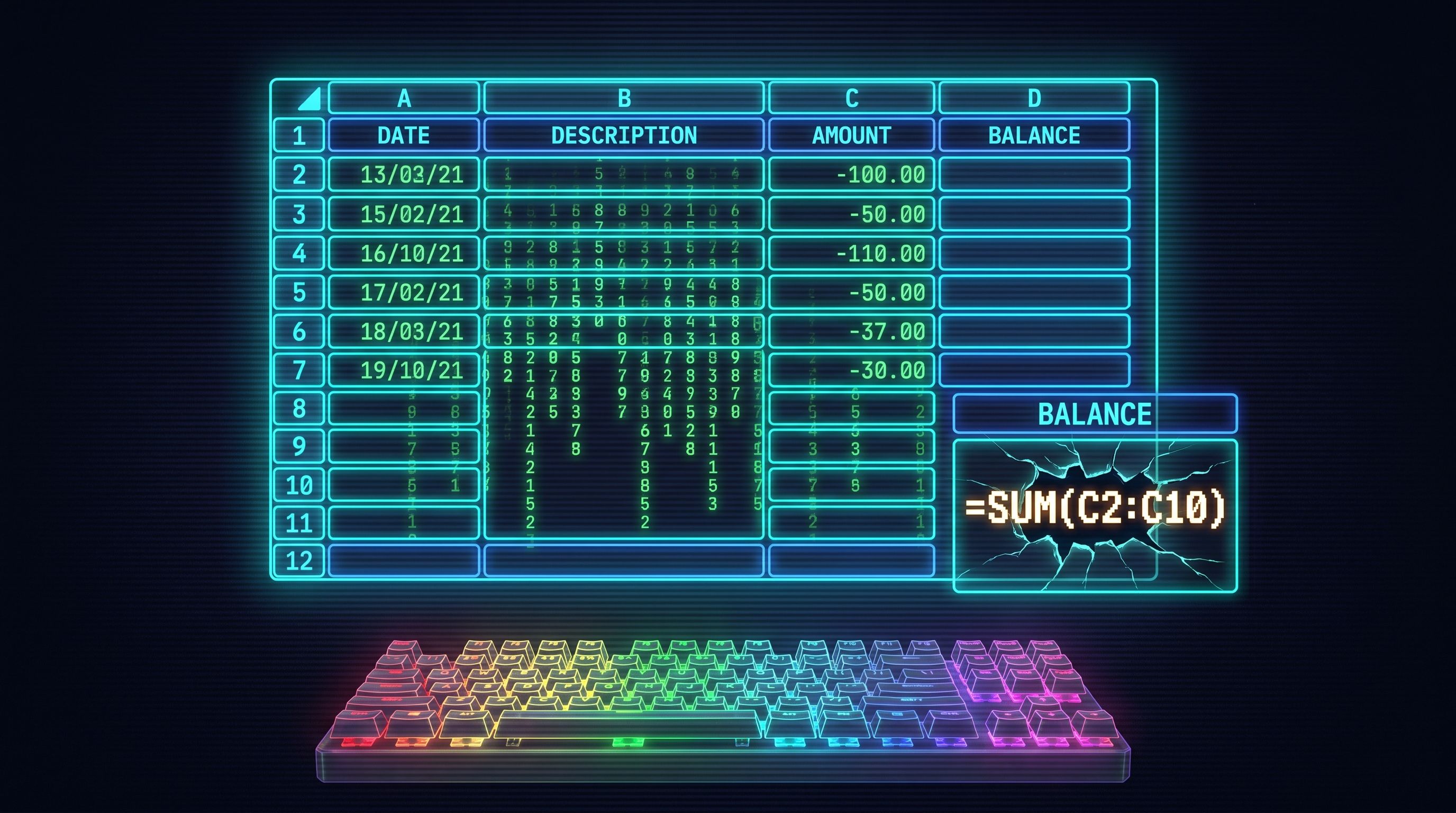 Glowing Excel table with cascading green balance numbers in neon-bordered expanding rows, mechanical keyboard below.