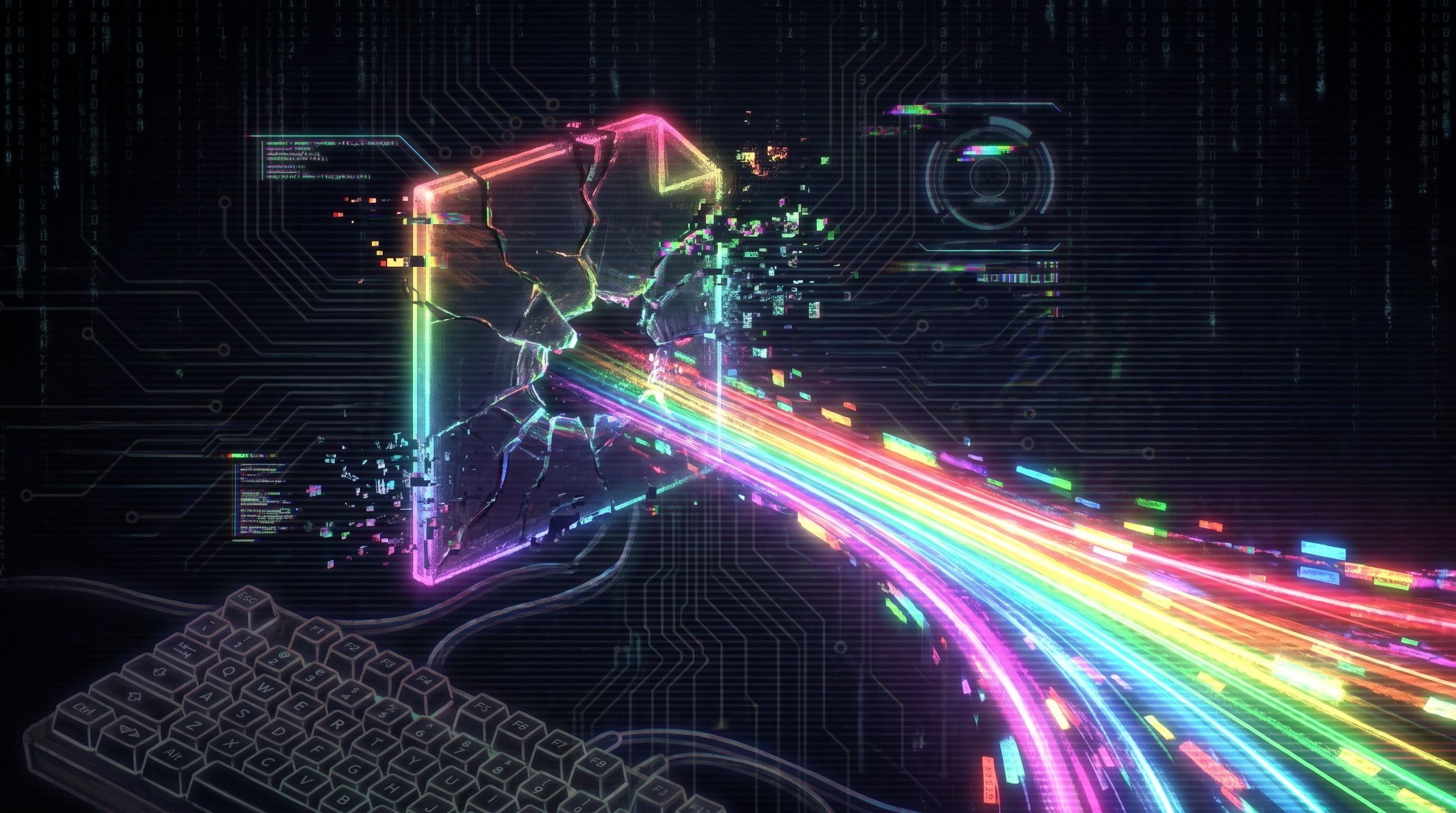 A cracked neon document icon shattering into glitch pixels as rainbow data streams escape it, above a faded grey keyboard.
