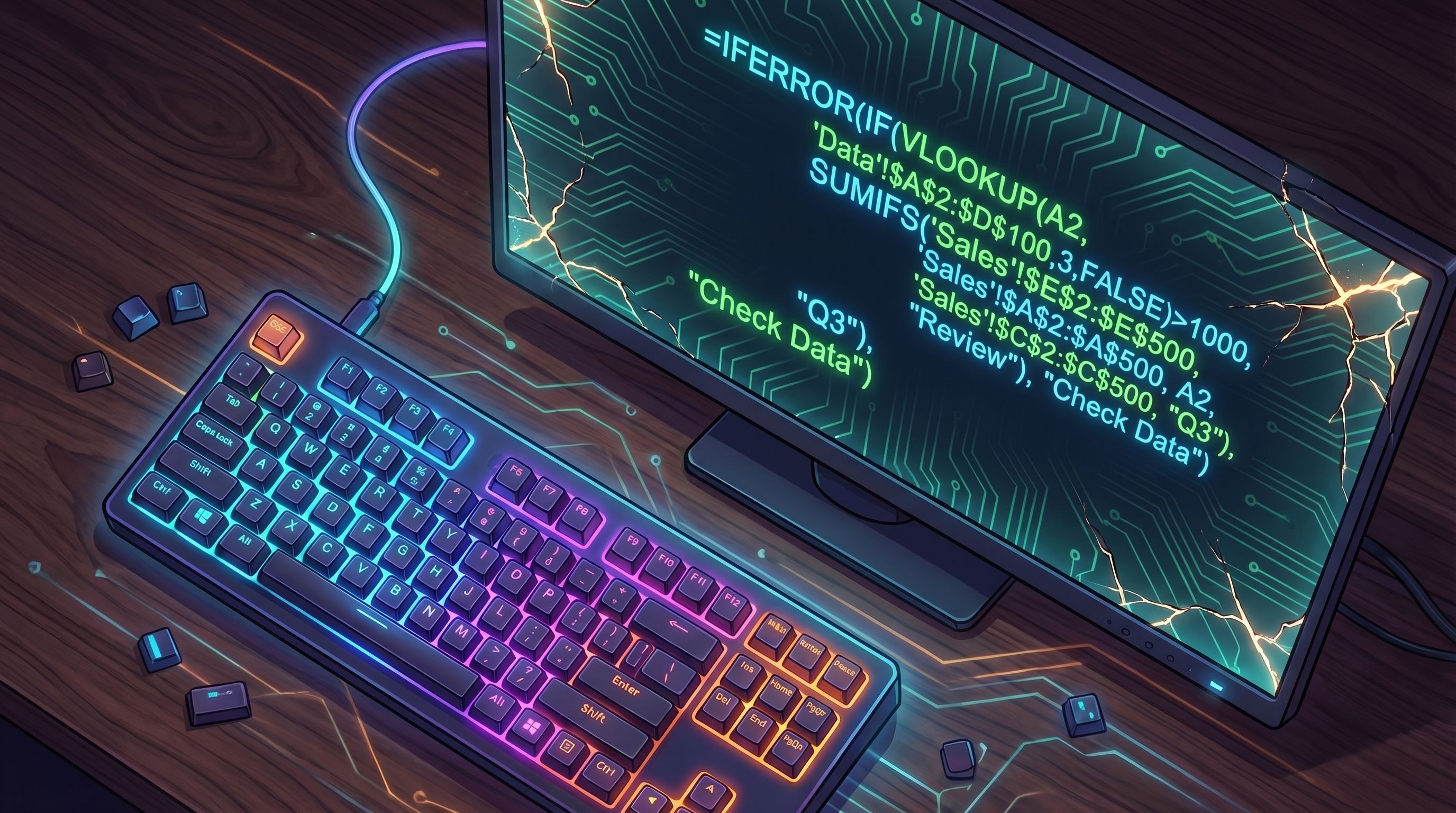 Cracked screen showing a complex green Excel formula with VLOOKUP and SUMIFS above a glowing RGB mechanical keyboard.