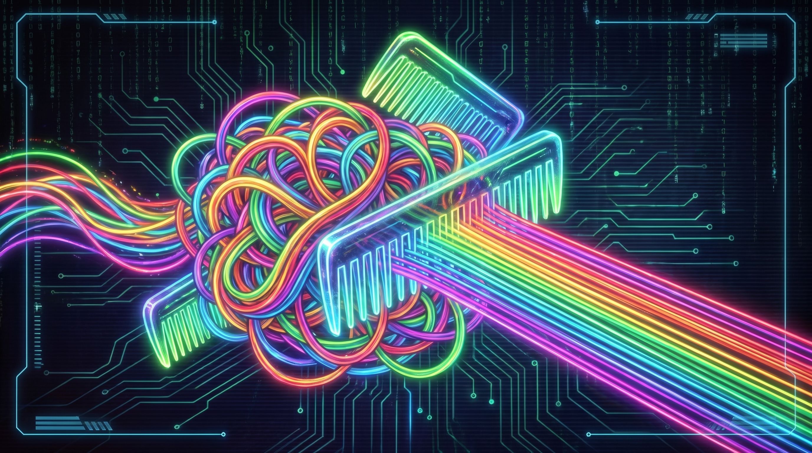A tangled rainbow-neon wire knot combed into parallel straight strands by three glowing combs.