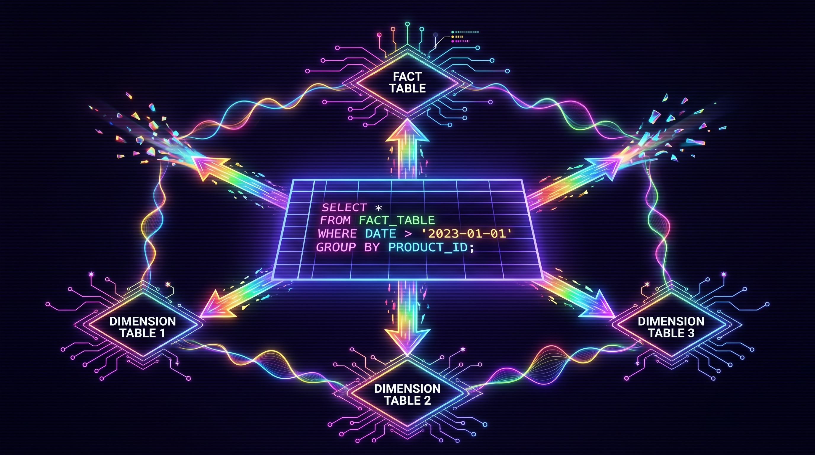 Glowing SQL panel linked by rainbow circuit arrows to four diamond nodes: a fact table and three dimension tables.