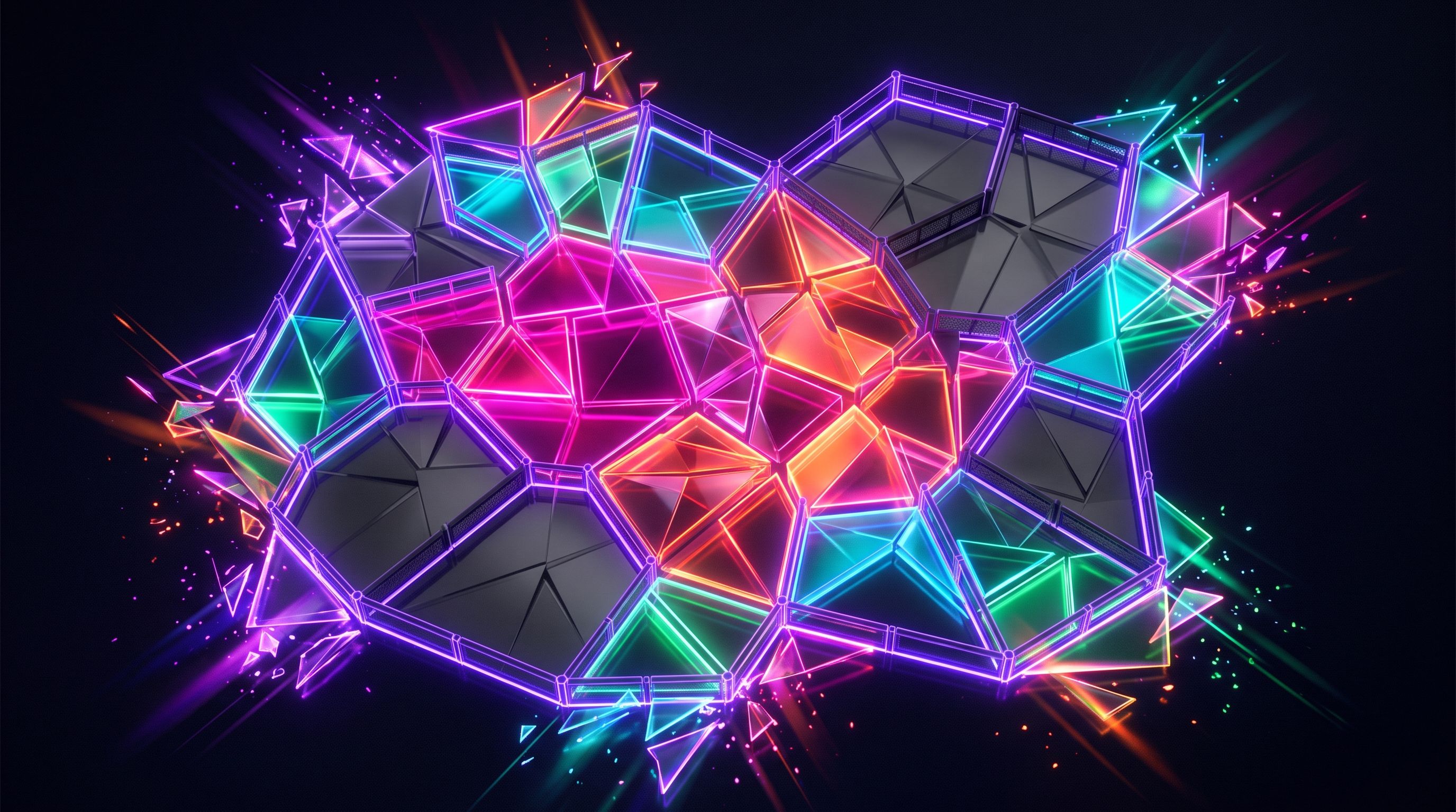 Cluster of neon-outlined hexagonal panels, some lit in pink, orange and green, others dark grey and unlit.