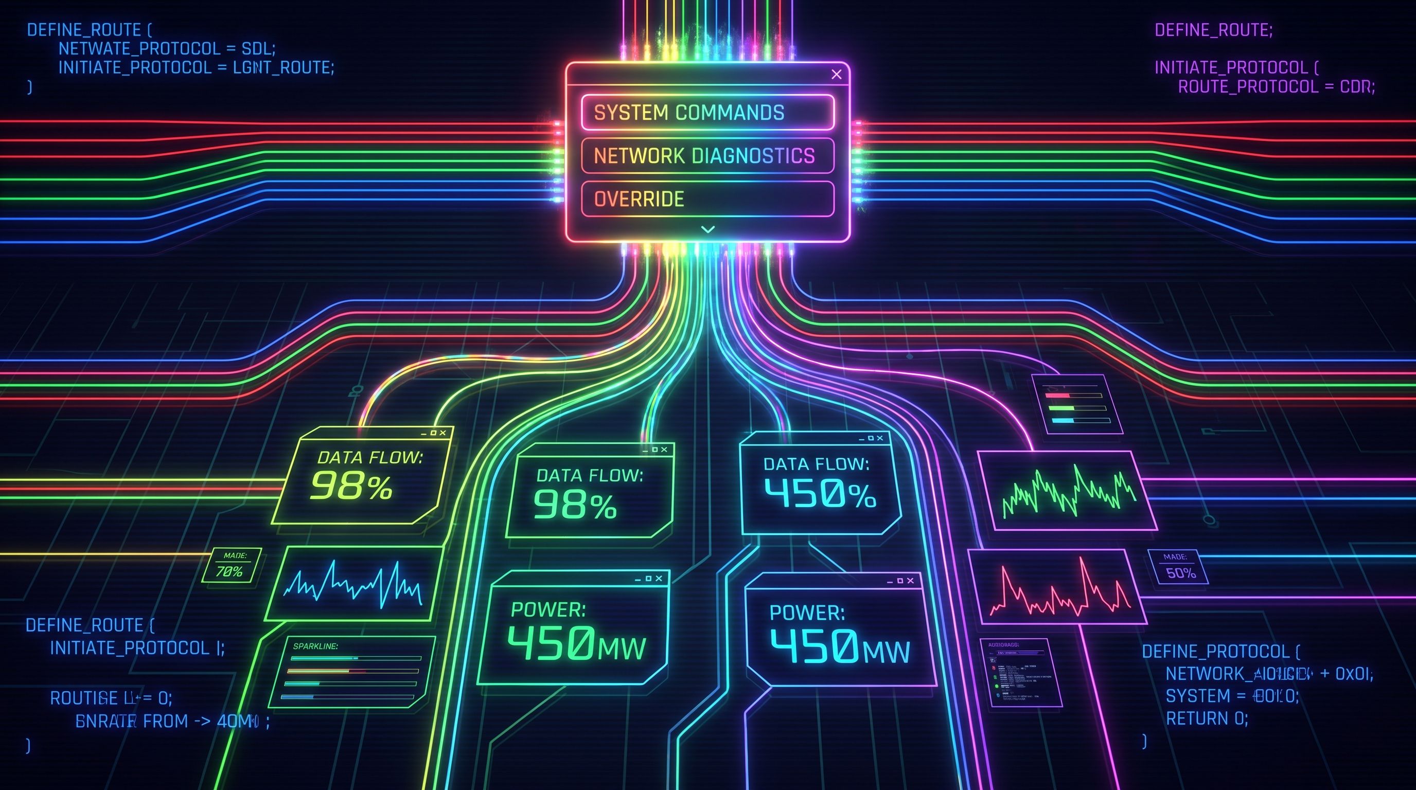 A glowing dropdown menu at the top branches into rainbow neon lines connecting data cards and sparkline charts below.