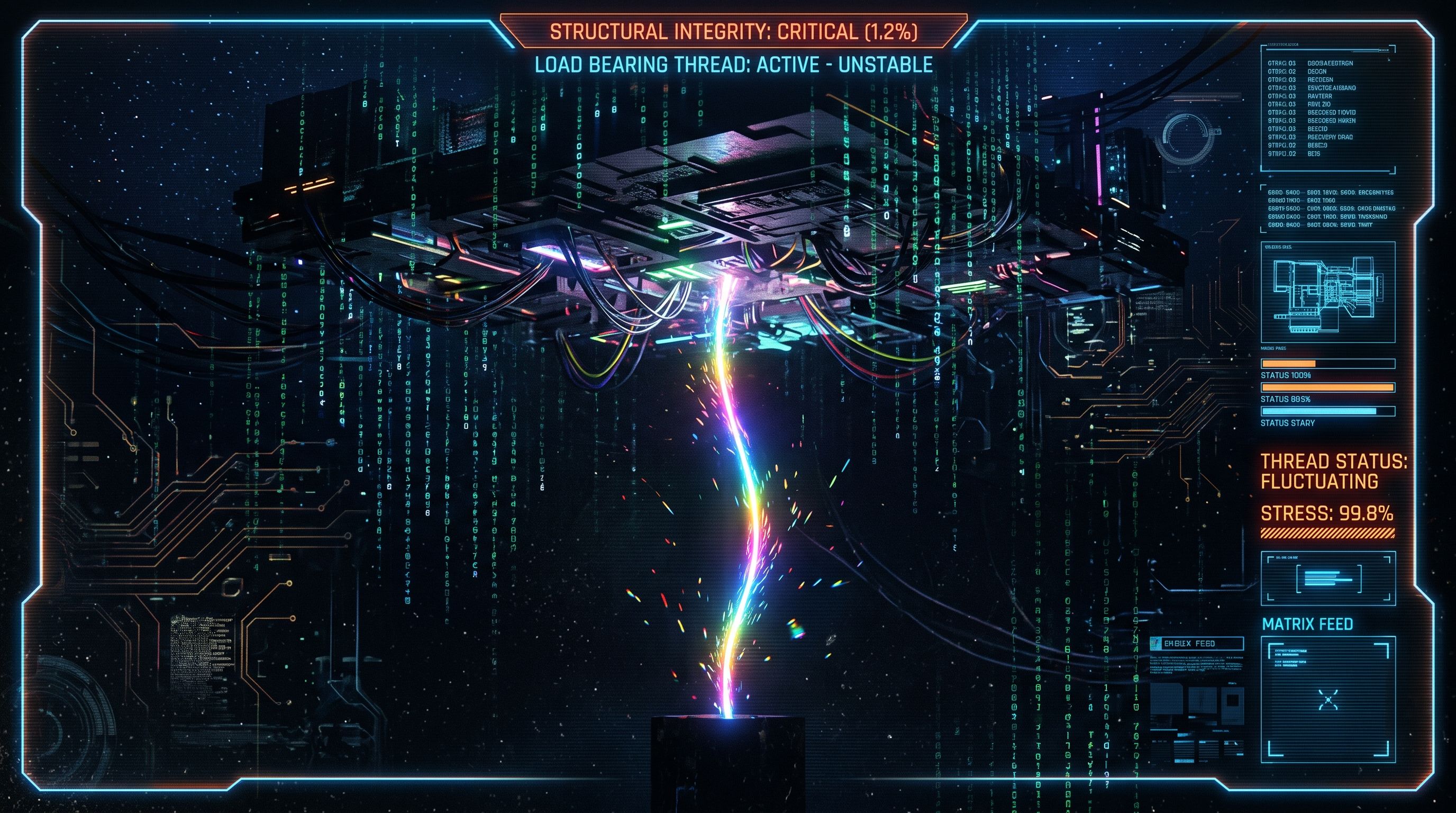 A single glowing rainbow thread straining under a huge circuit structure, HUD panels reading Structural Integrity: Critical.