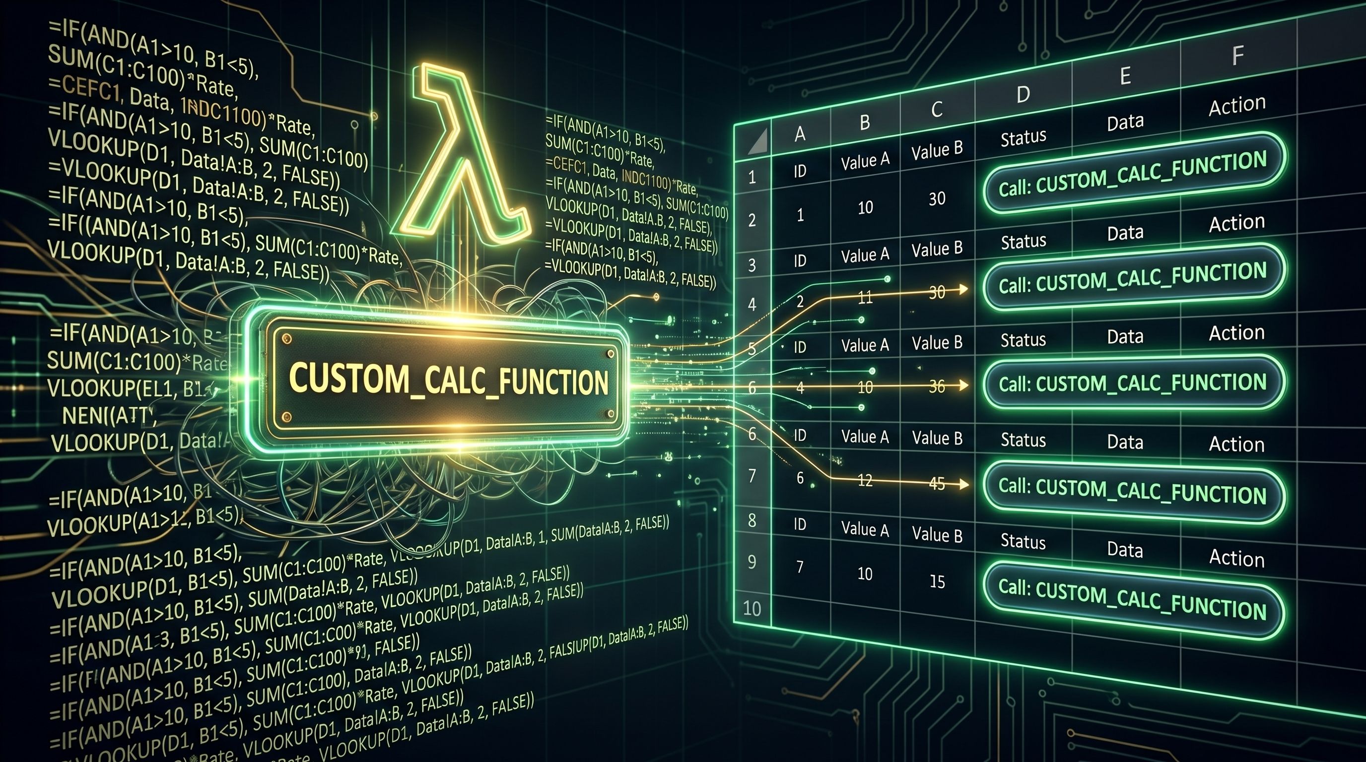 A stylized digital graphic showing an Excel-style spreadsheet linked to a custom calculation function block amidst glowing code.