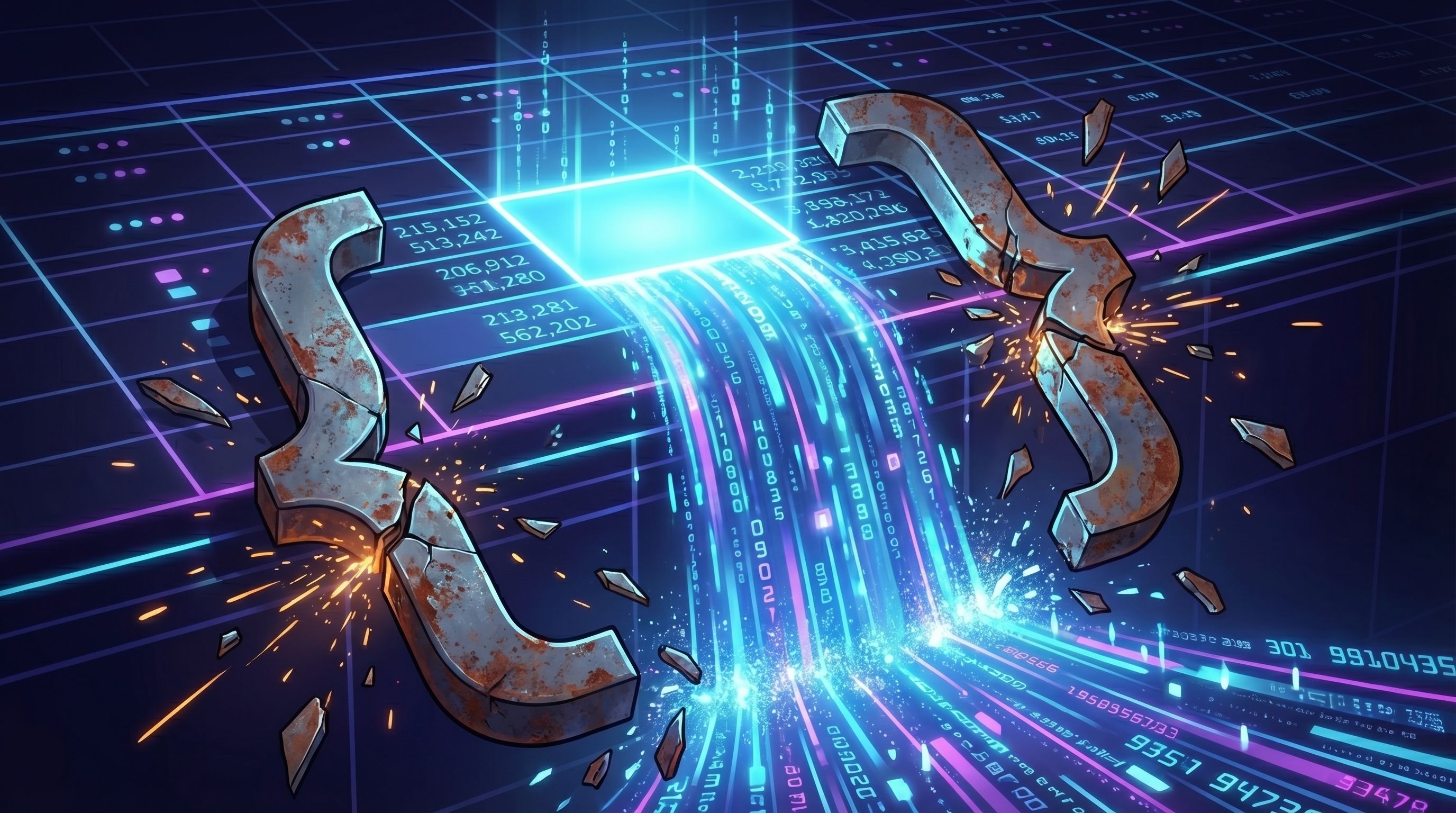 Rusty metal curly brackets shattering as a waterfall of glowing blue data streams pours through them on a digital grid.