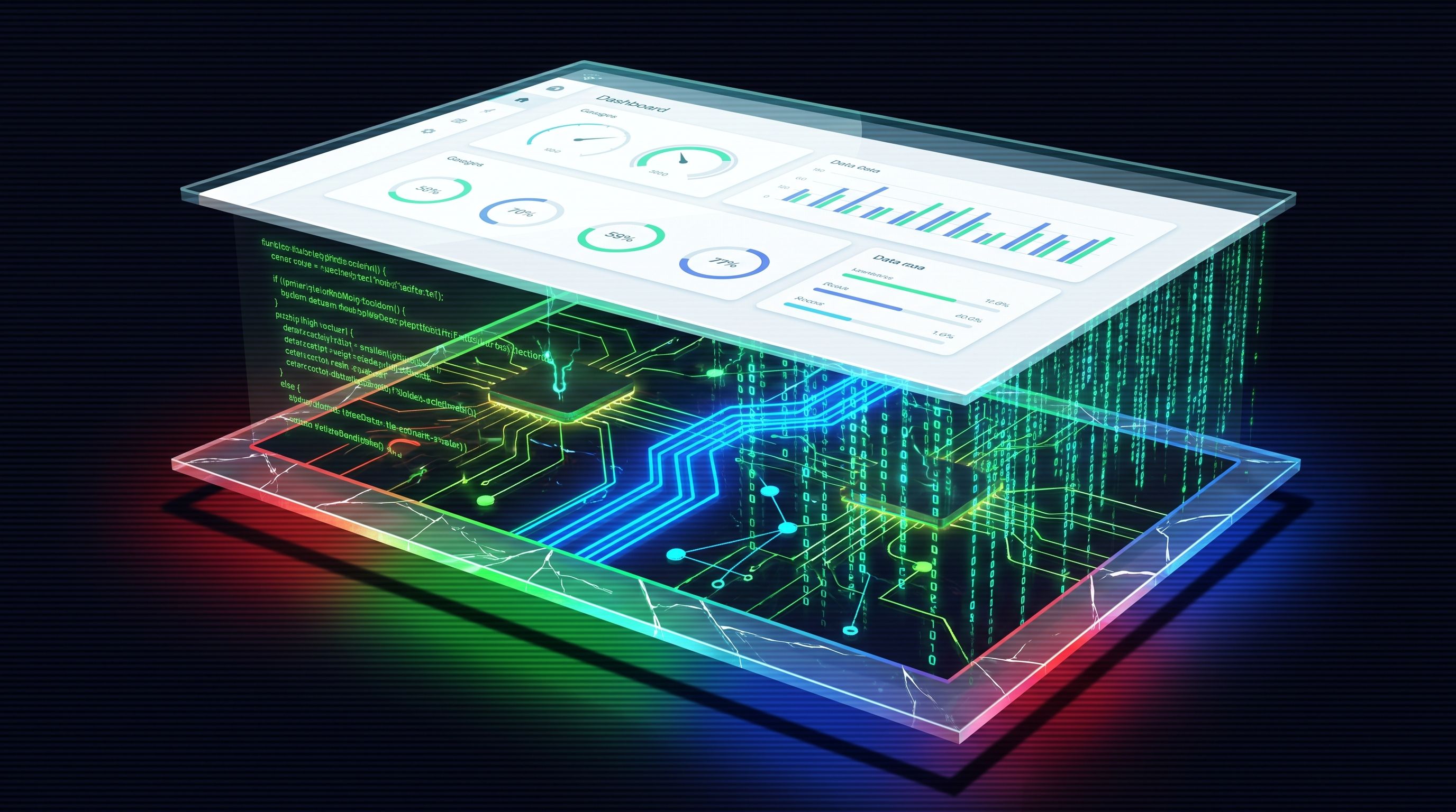 A digital 3D visualization showing a business dashboard overlaying a glowing circuit board with data code and binary streams.