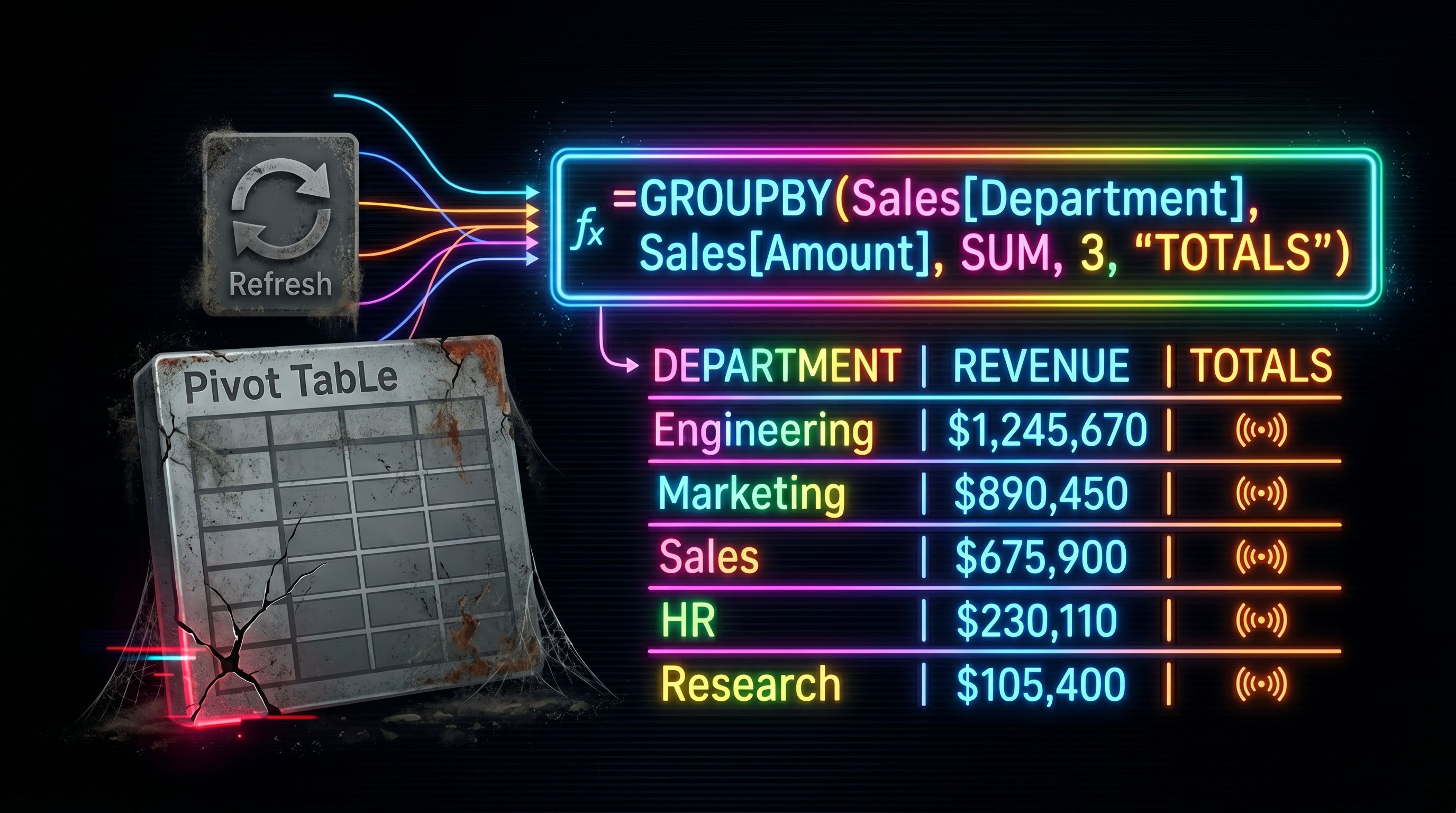 Neon GROUPBY formula spilling a live grouped revenue table beside a cracked, dusty pivot table with a frozen Refresh icon.