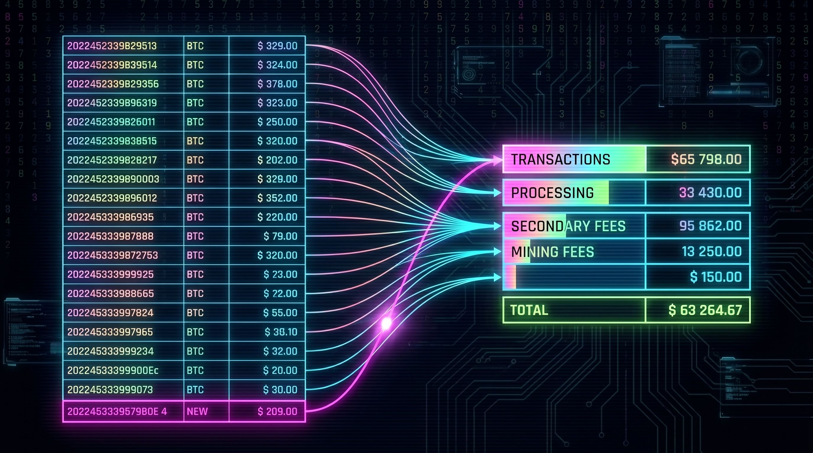 Neon transaction rows flow along glowing lines into a grouped summary of category totals, a new magenta row feeding in.