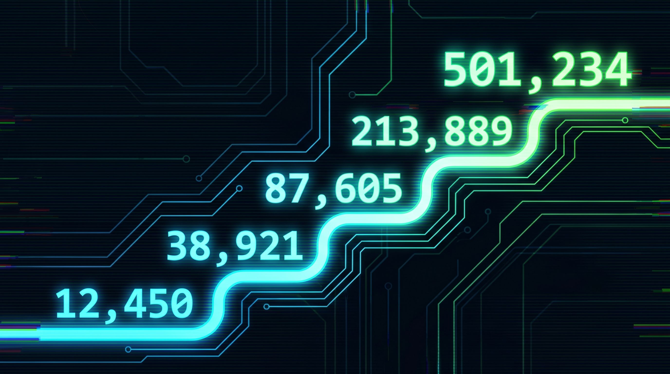 Glowing numbers cascade upward in cyan and green, each brighter than the last, against a dark background with circuit lines.