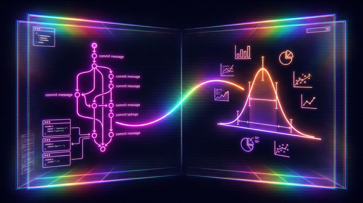 Neon magenta commit-branch graph on the left, joined by a rainbow line to an orange bell curve and charts on the right.