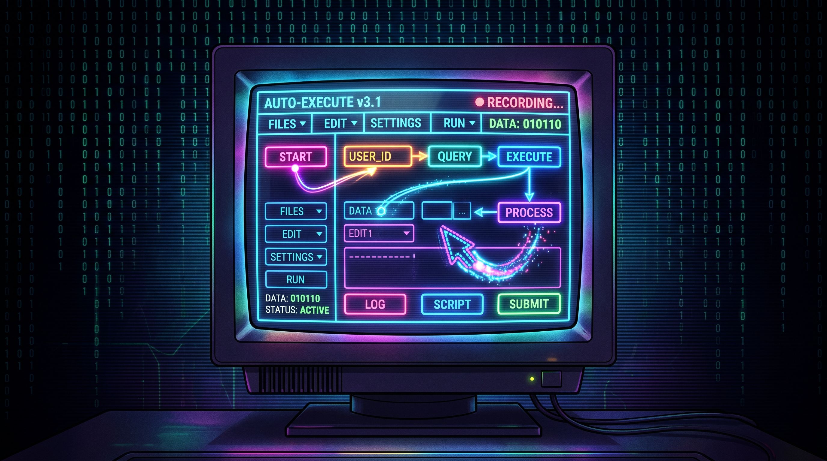 A retro computer screen displays a glowing, neon-style software interface titled "AUTO-EXECUTE v3.1" with a flow chart diagram.