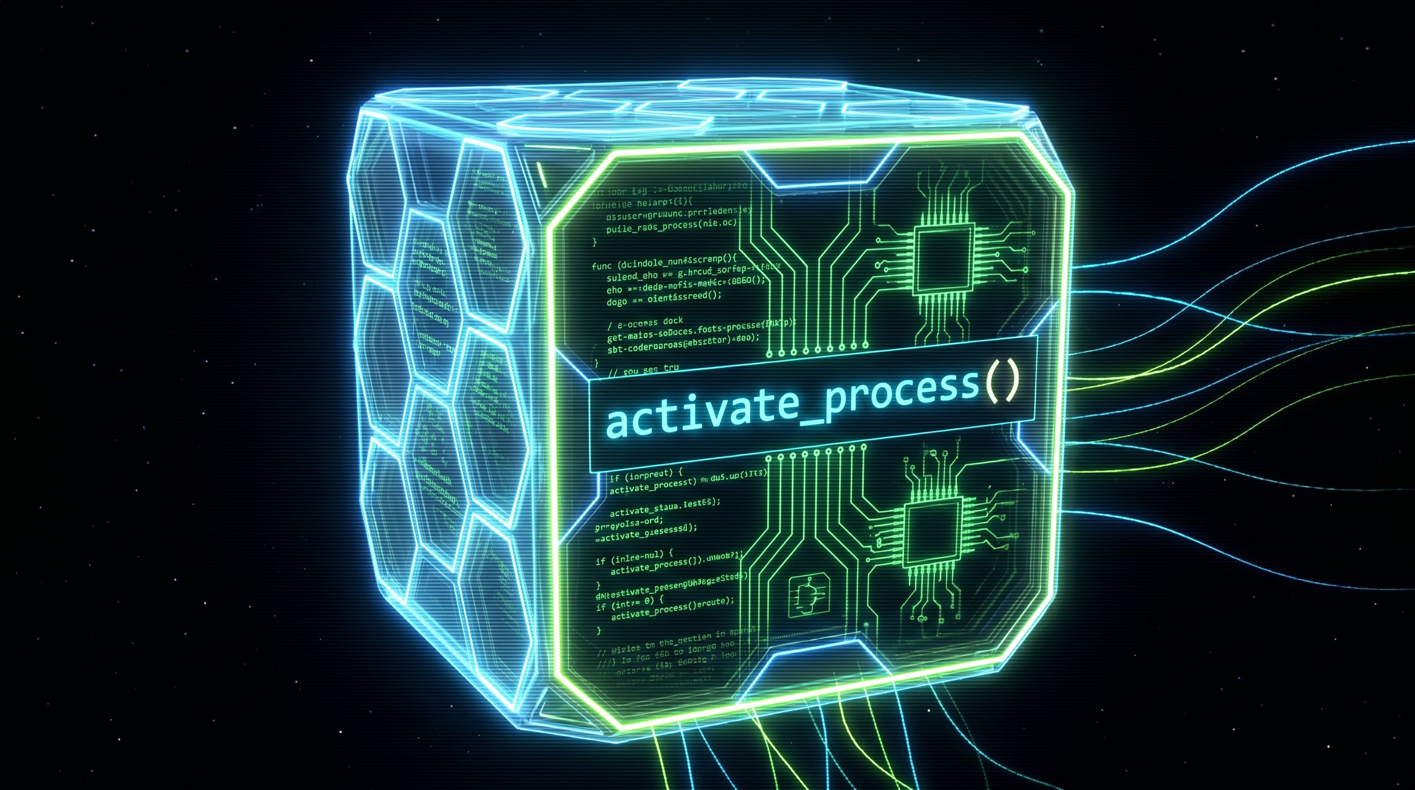 Complex glowing code on the left transforming into a clean formula cell on the right, connected by luminous data flow.