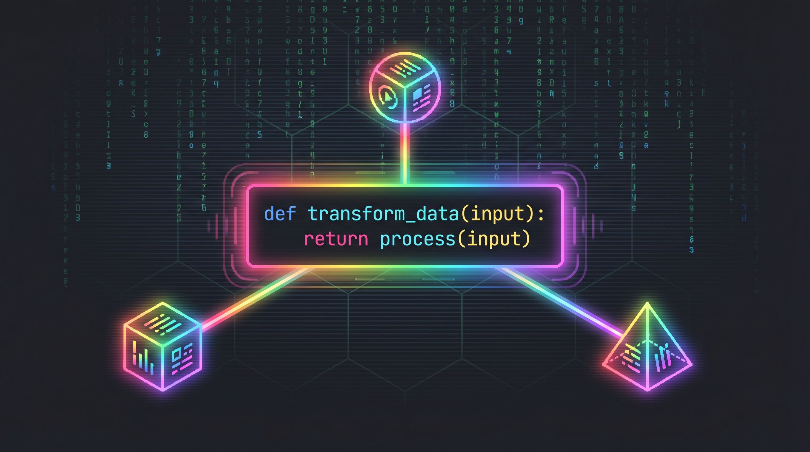 A glowing neon code function box linked by rainbow lines to three data-shaped nodes on a dark matrix-code background.
