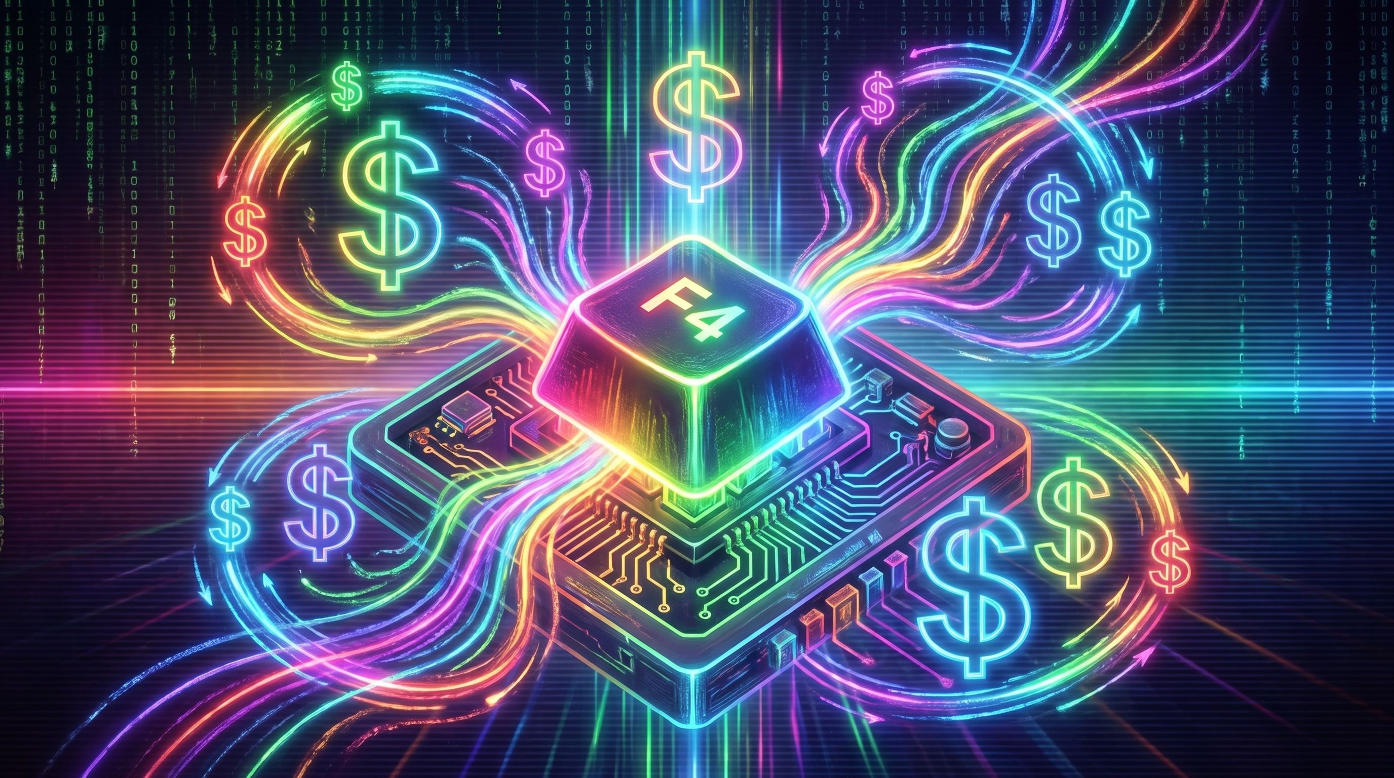 Glowing F4 keycap on a circuit board, encircled by rainbow dollar signs against a matrix-style backdrop.