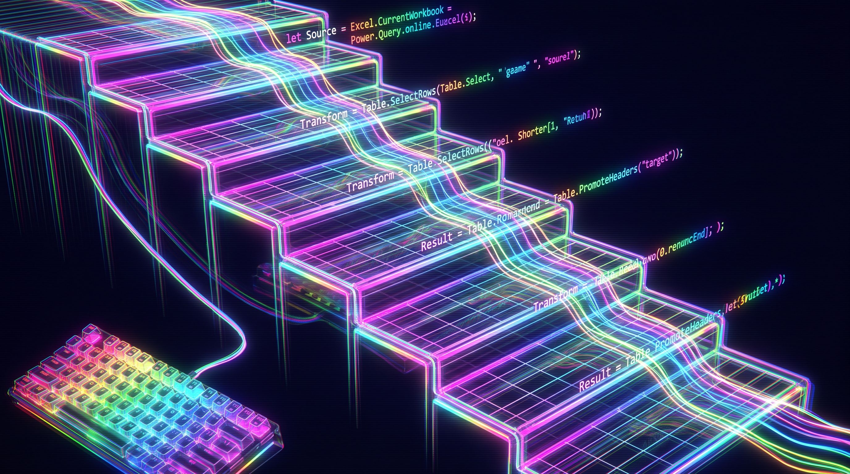 Power Query M formulas float above a neon staircase of glowing grid steps; rainbow data streams run down the rails.