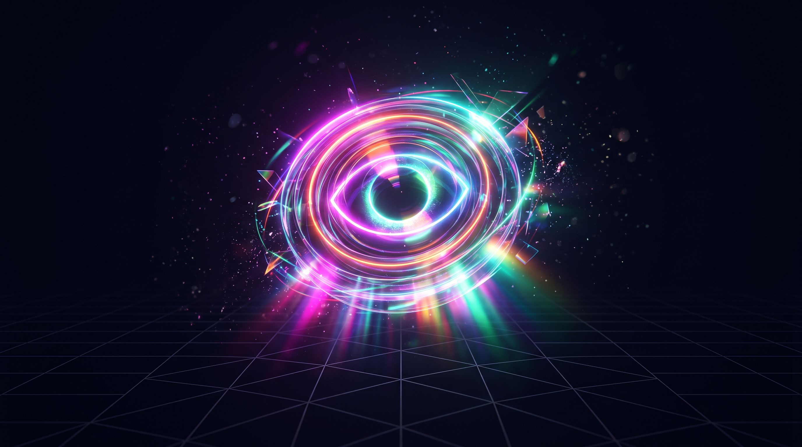 Neon rainbow eye inside concentric glowing rings, hovering above a dark wireframe grid with shards and light rays.