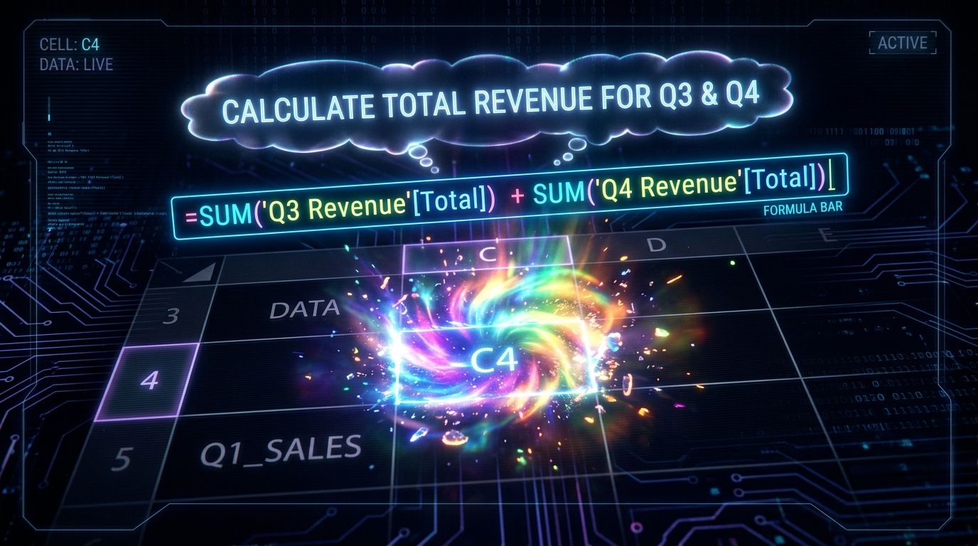 A neon thought bubble asking for a revenue total dissolves into a live SUM formula above a glowing spreadsheet cell.
