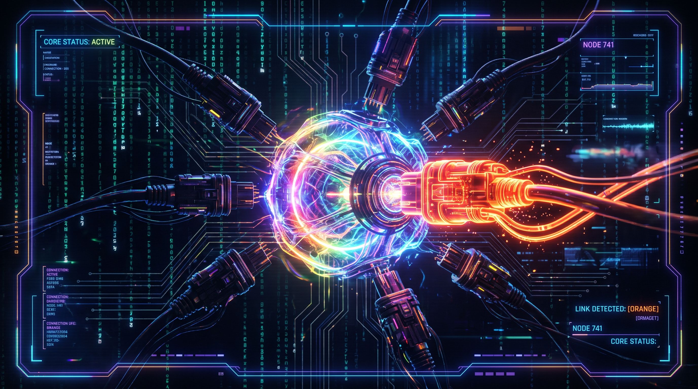 A glowing central node with several neon connector plugs reaching in, one plug lit a distinct orange against the rest.