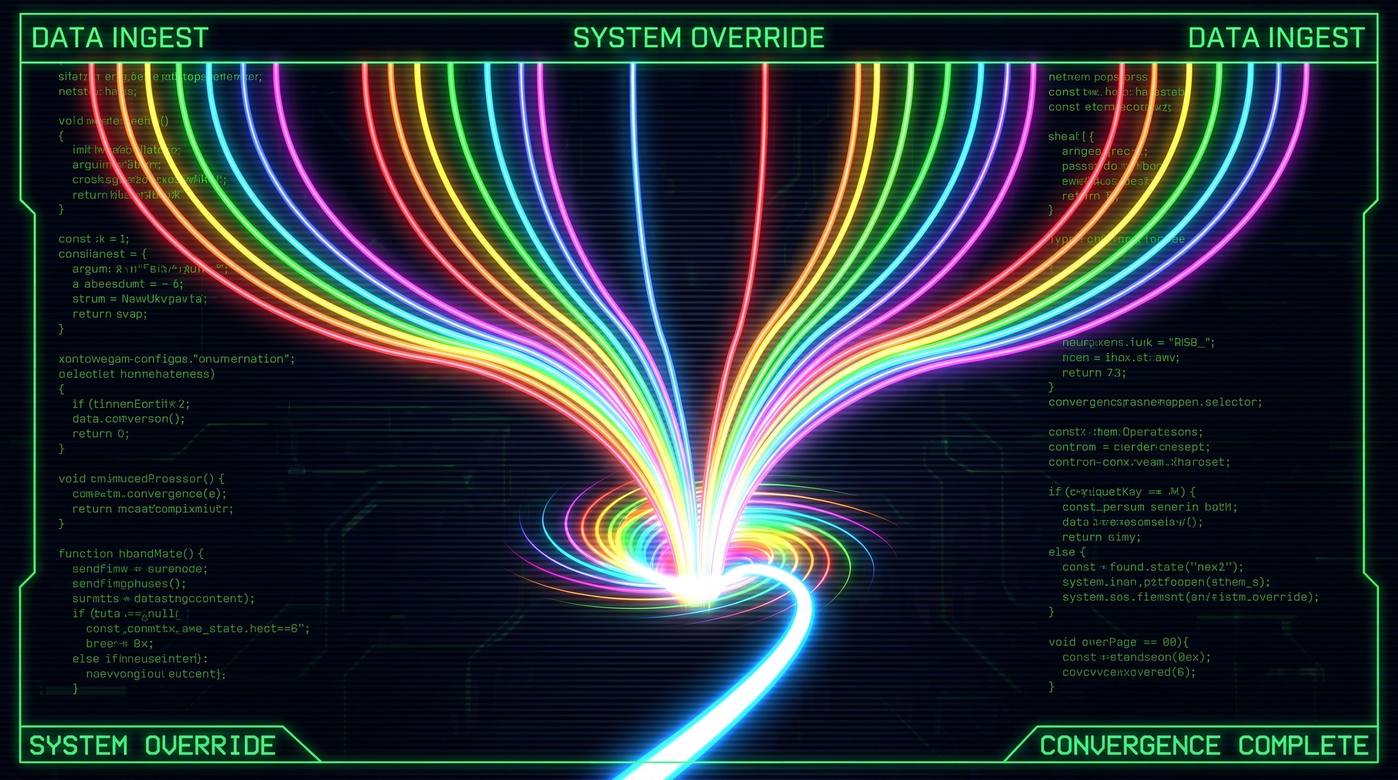 A digital interface featuring neon rainbow data streams converging into a vortex against a dark, code-filled background.