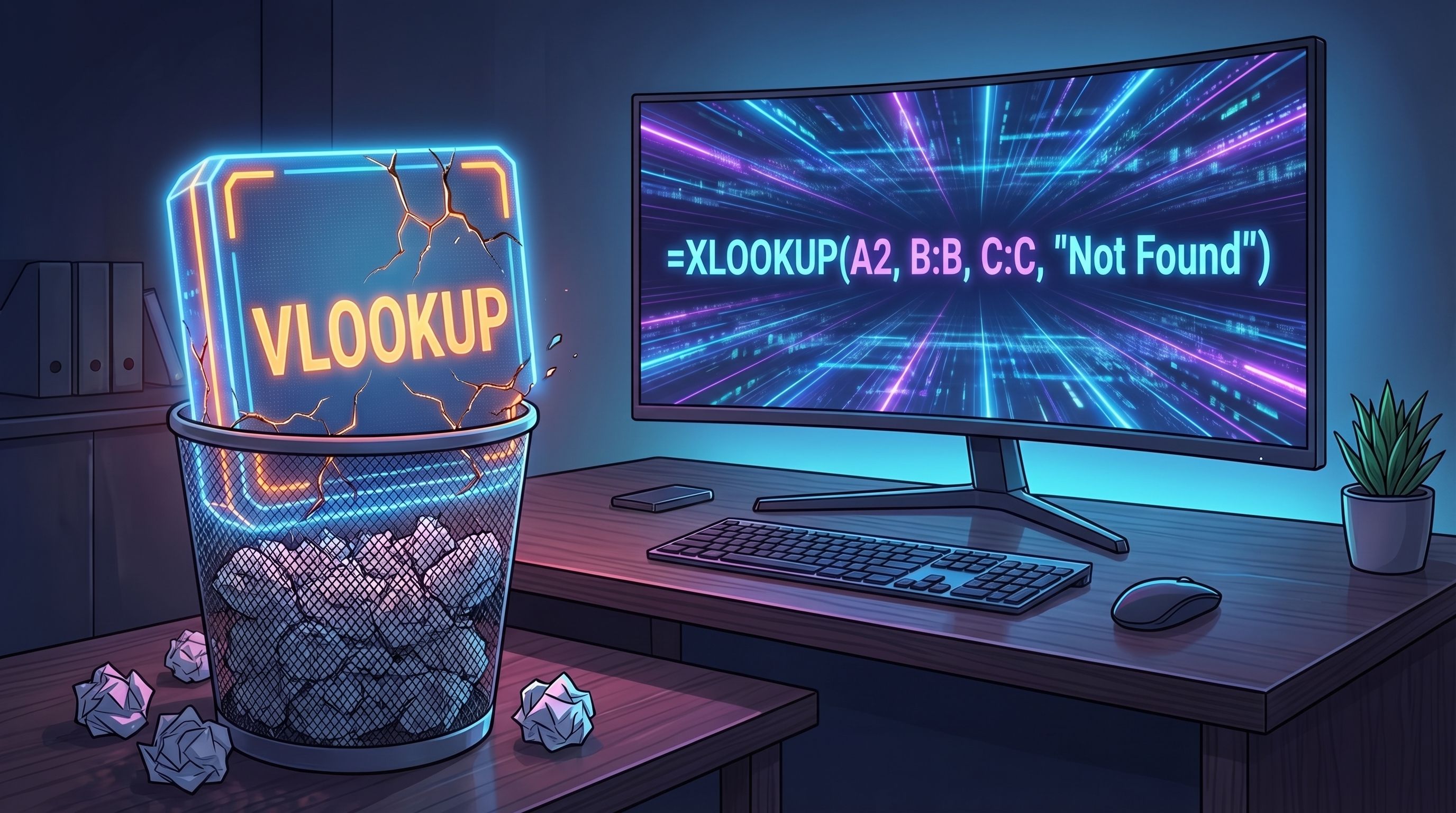 A neon "VLOOKUP" sign sits broken in a trash bin next to a computer monitor displaying an XLOOKUP formula.