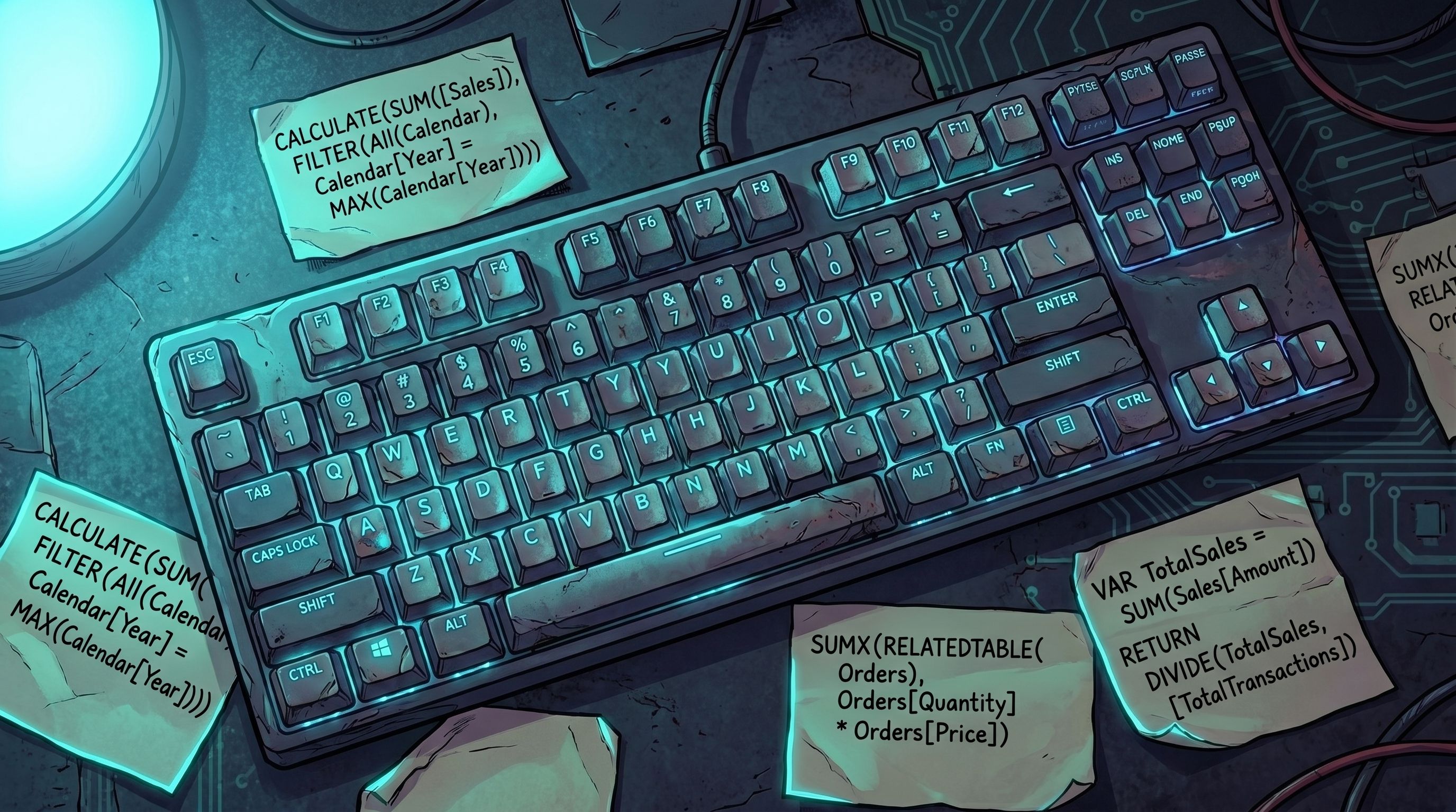 Glowing keyboard surrounded by sticky notes containing written DAX formulas like CALCULATE and SUMX.