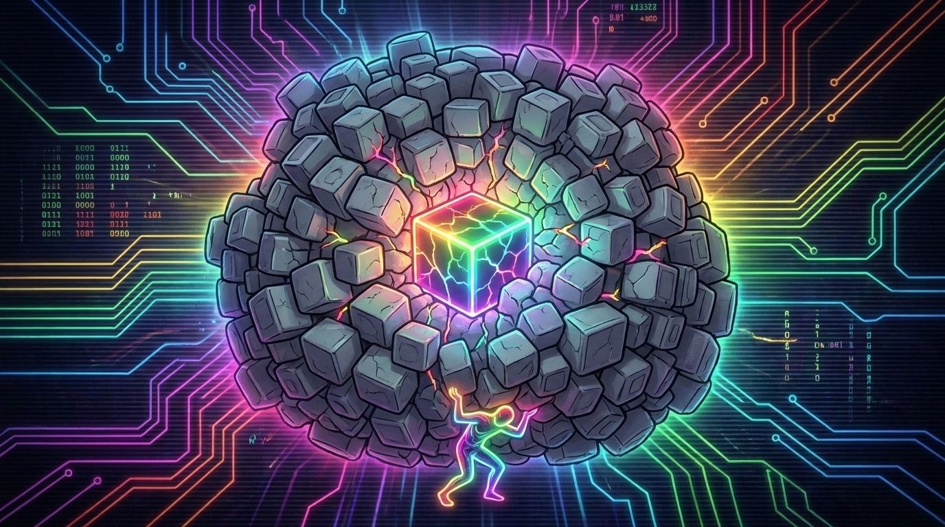 A tiny glowing figure strains under a massive cracked boulder of stacked stone blocks, circuit lines radiating out.