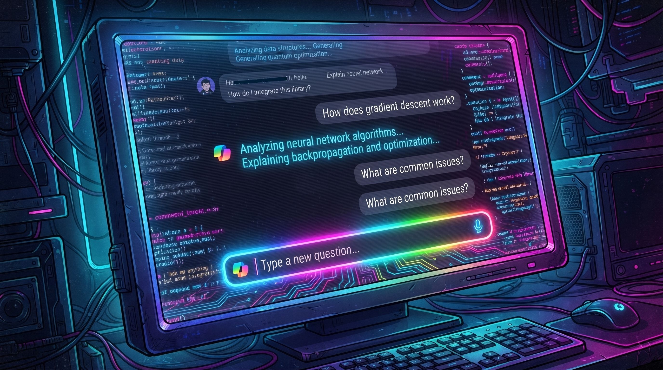 A neon-lit monitor displays a glitching AI chat interface with a rainbow-glowing 'Ask me anything' search bar.