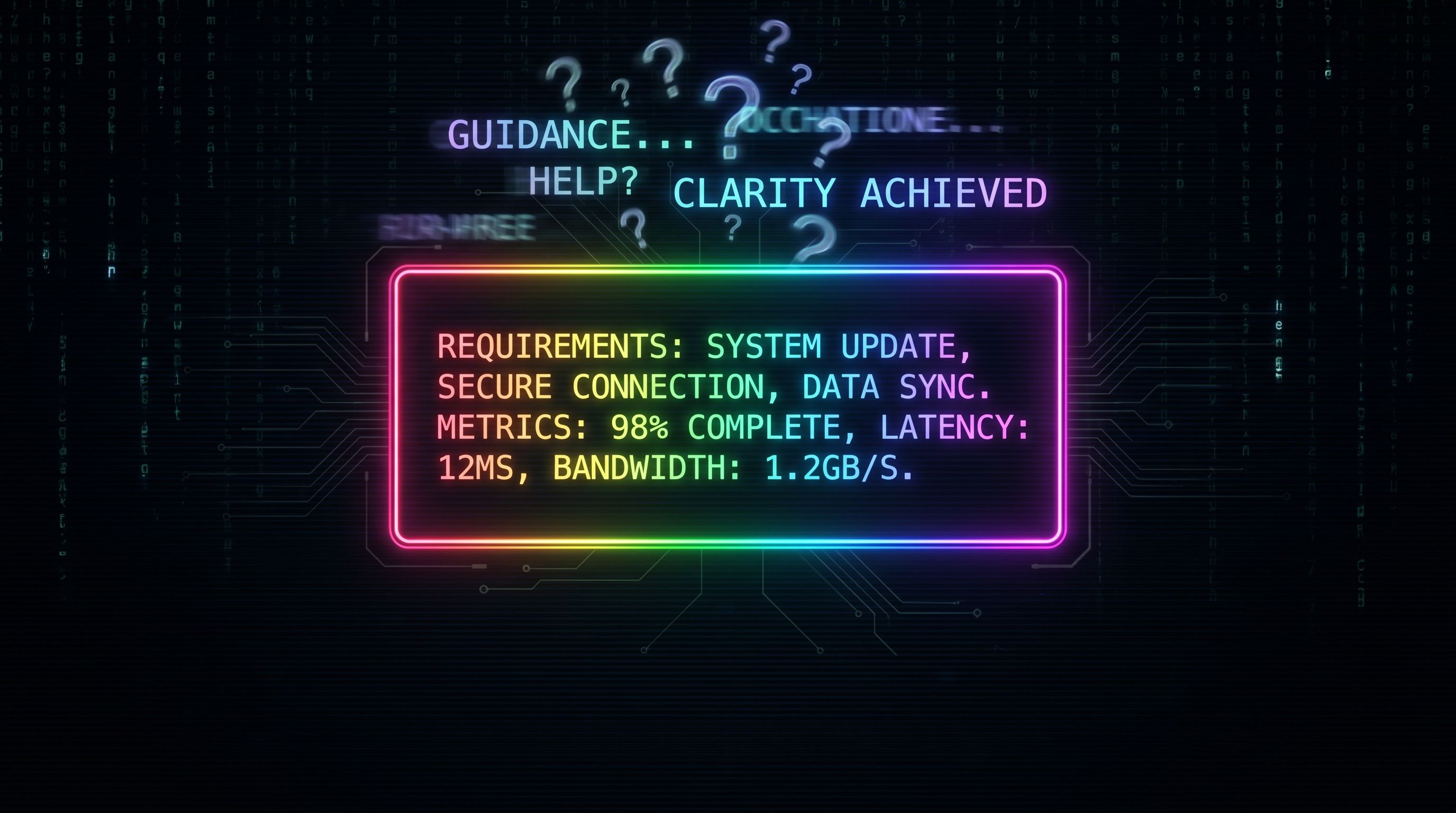 Rainbow-neon dialogue box listing requirements and metrics, question marks above dissolving into 'clarity achieved'.