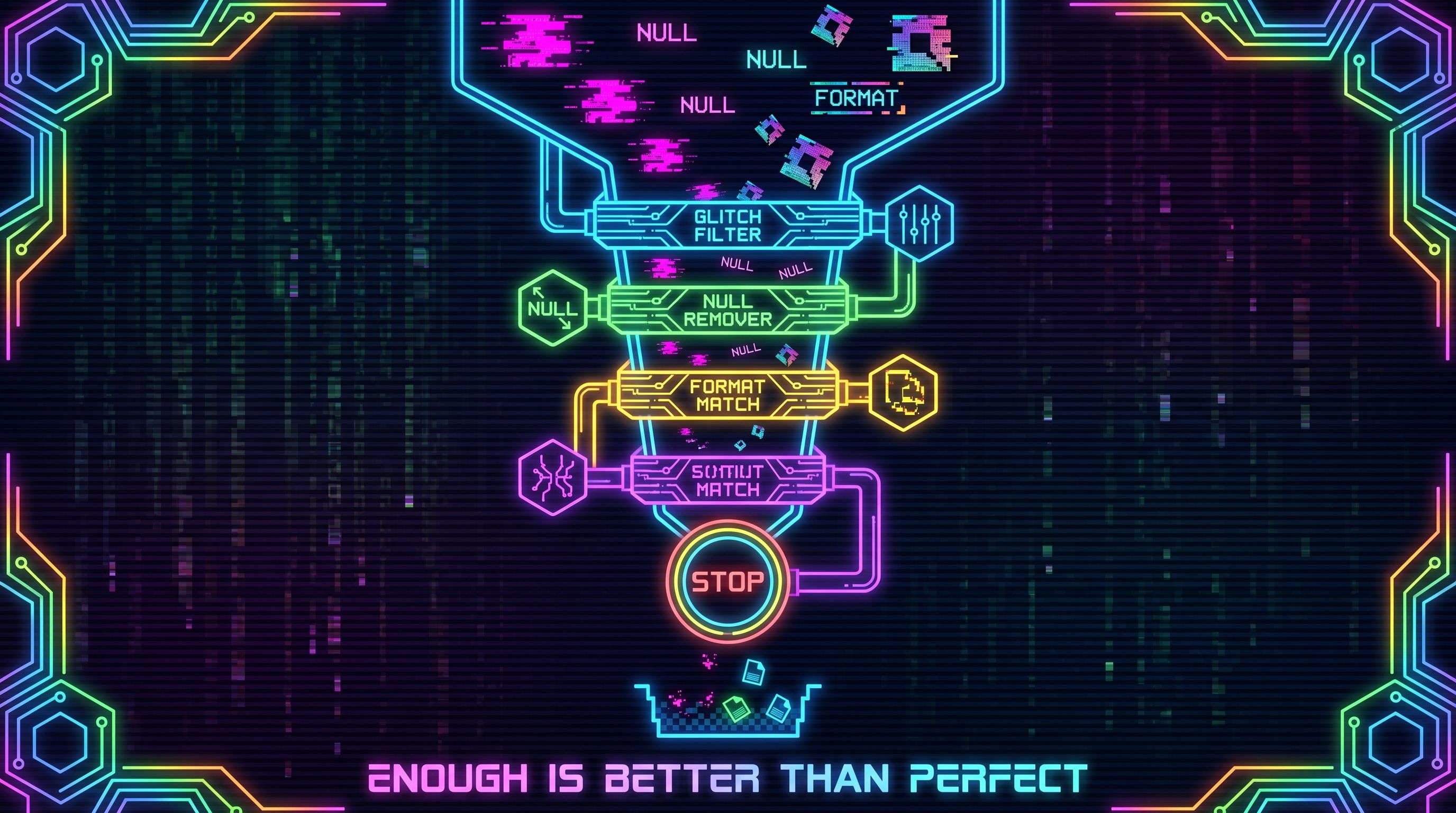 A neon funnel of filter stages reducing glitchy NULL particles toward a glowing STOP button on a dark circuit background.