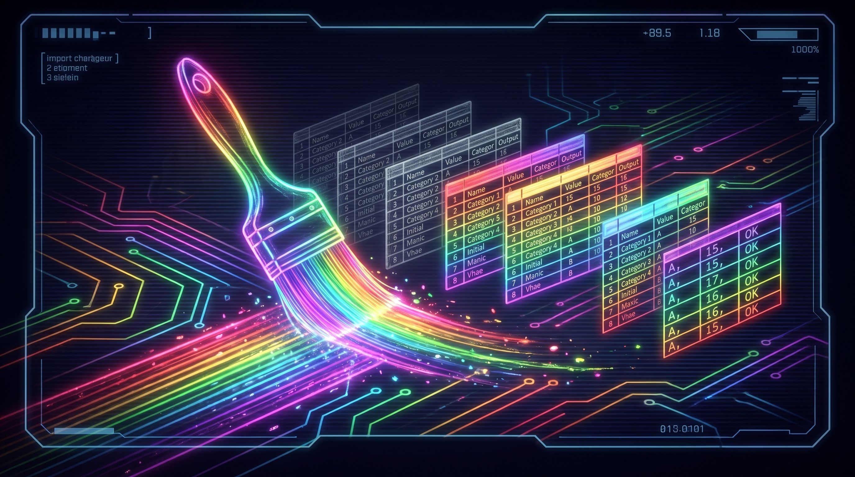 A neon rainbow paintbrush sweeps colour across a row of plain grey data tables, turning each one vivid in turn.