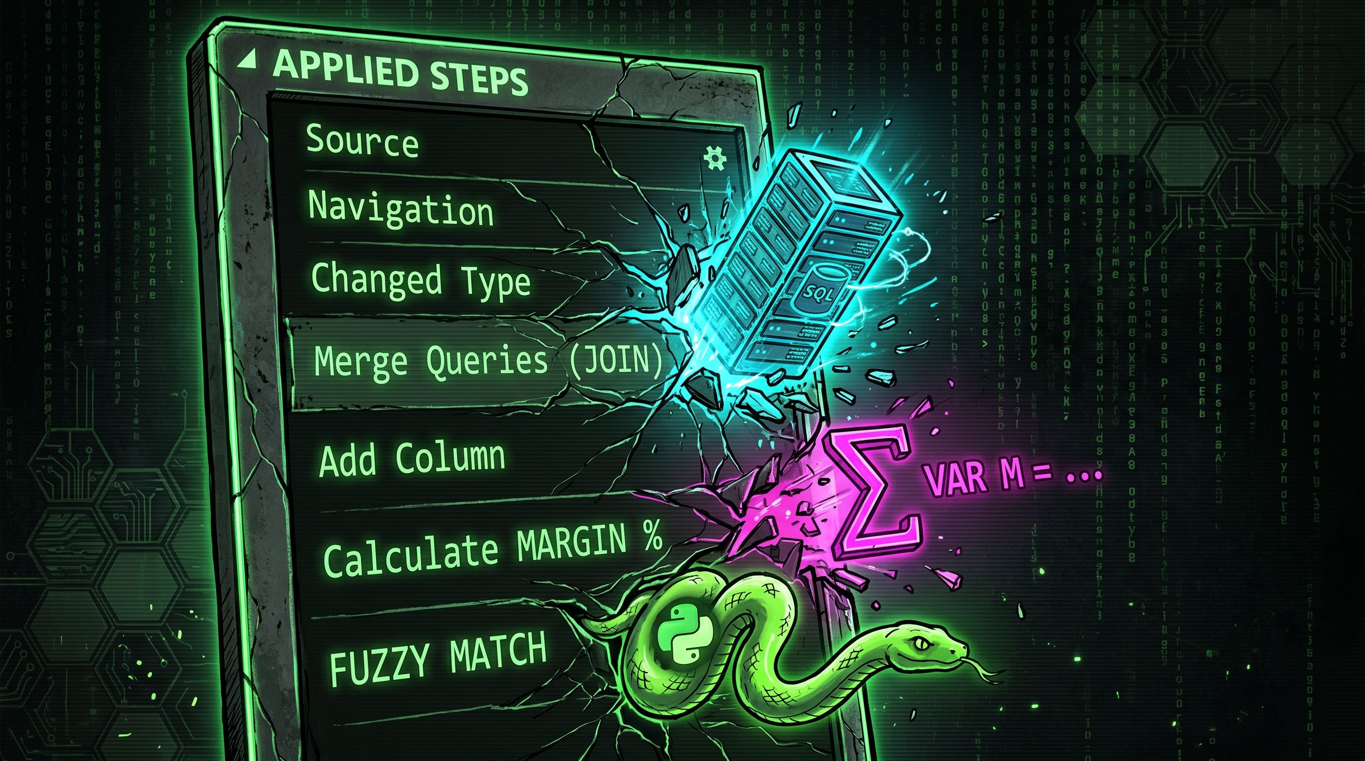 A glowing Power Query "Applied Steps" panel collapsing under the weight of oversized server racks and a Python snake icon climbing out of one of the steps.
