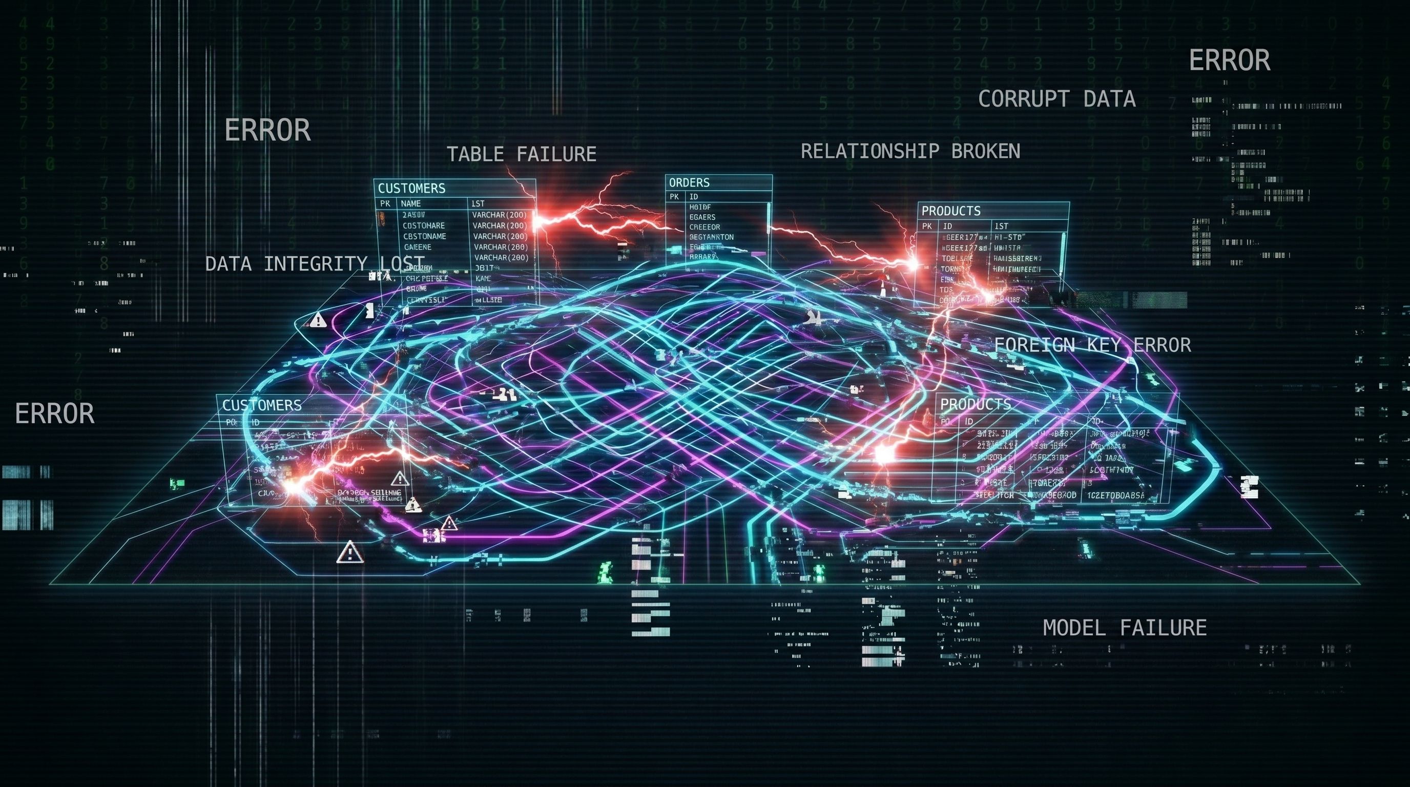 Digital visualization of database errors, table failures, and corrupted data relationships within a complex network model.