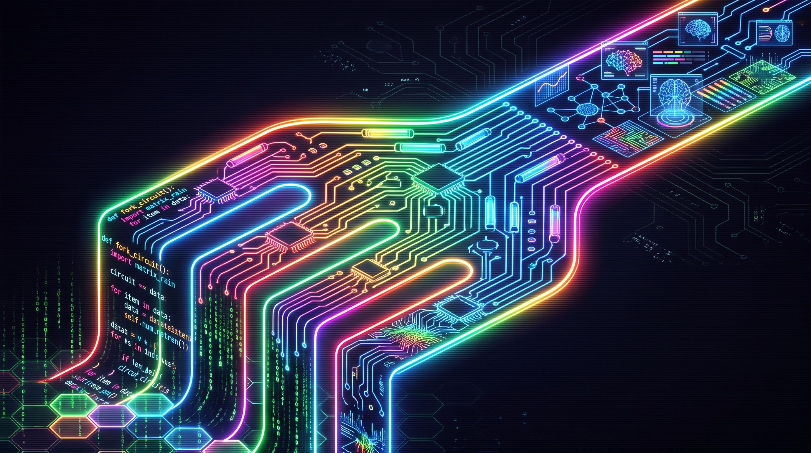 Neon circuit traces fork between cascading green Python code and glowing AI diagrams on a dark background.
