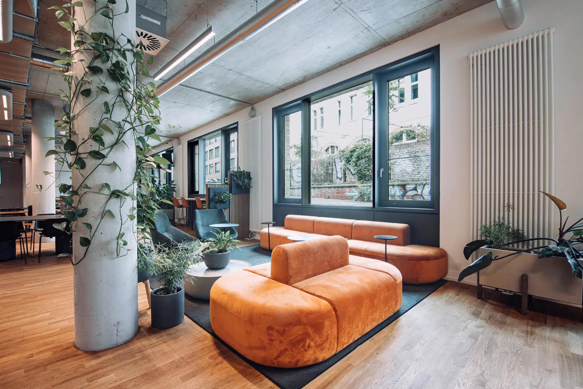 Zenjob's Lounge Area kombiniert bequeme Möbel mit viel Tageslicht und Pflanzen