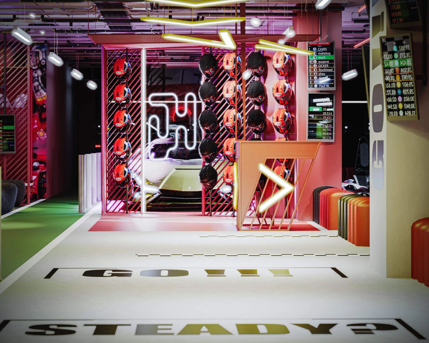 Tor kartingowy — design w duchu motorsportu — projektowanie wnętrz Wrocław, we.make (3)