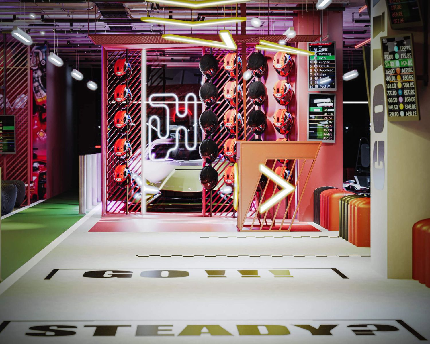 Tor kartingowy — design w duchu motorsportu — projektowanie wnętrz Wrocław, we.make (3)