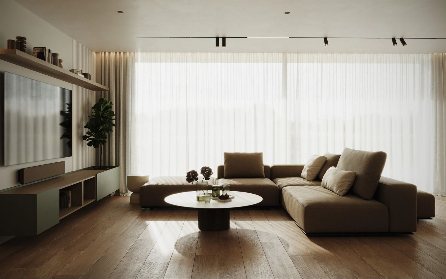 Salon z kuchnią w ciepłych tonach — projektowanie wnętrz Wrocław, we.make (2)