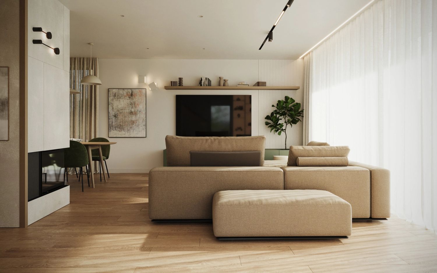 Salon z kuchnią w ciepłych tonach — projektowanie wnętrz Wrocław, we.make (3)
