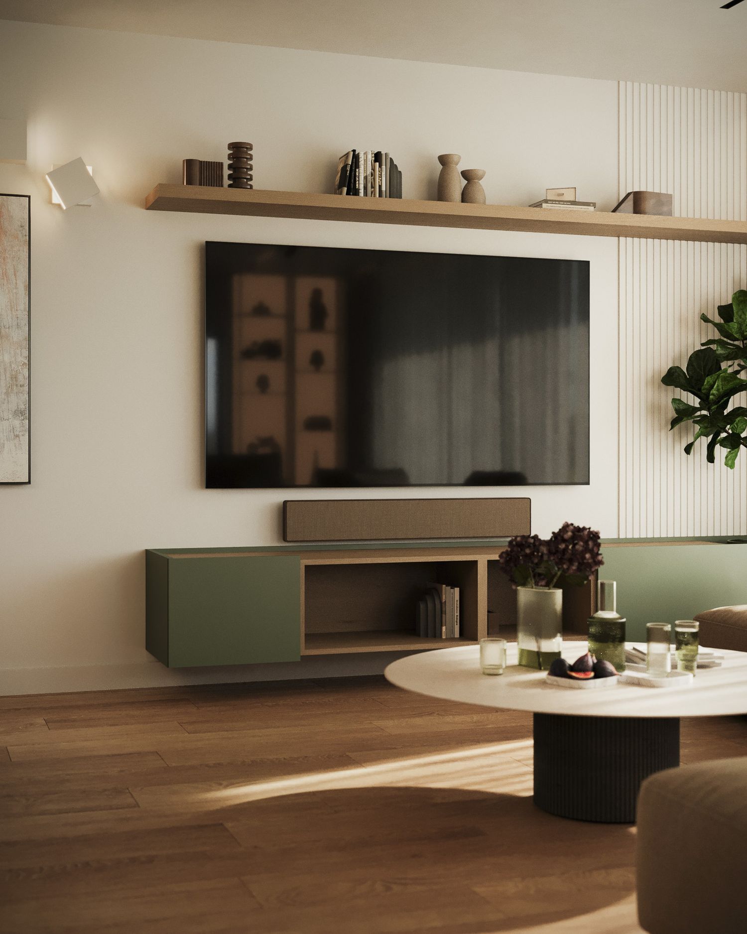 Salon z kuchnią w ciepłych tonach — projektowanie wnętrz Wrocław, we.make (4)