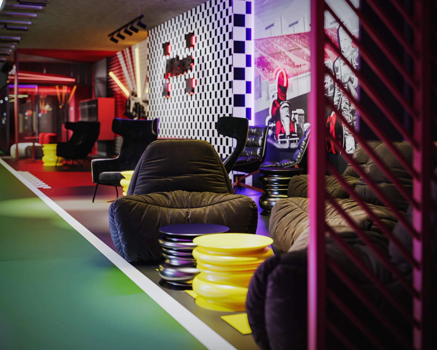 Tor kartingowy — design w duchu motorsportu — projektowanie wnętrz Wrocław, we.make (3)
