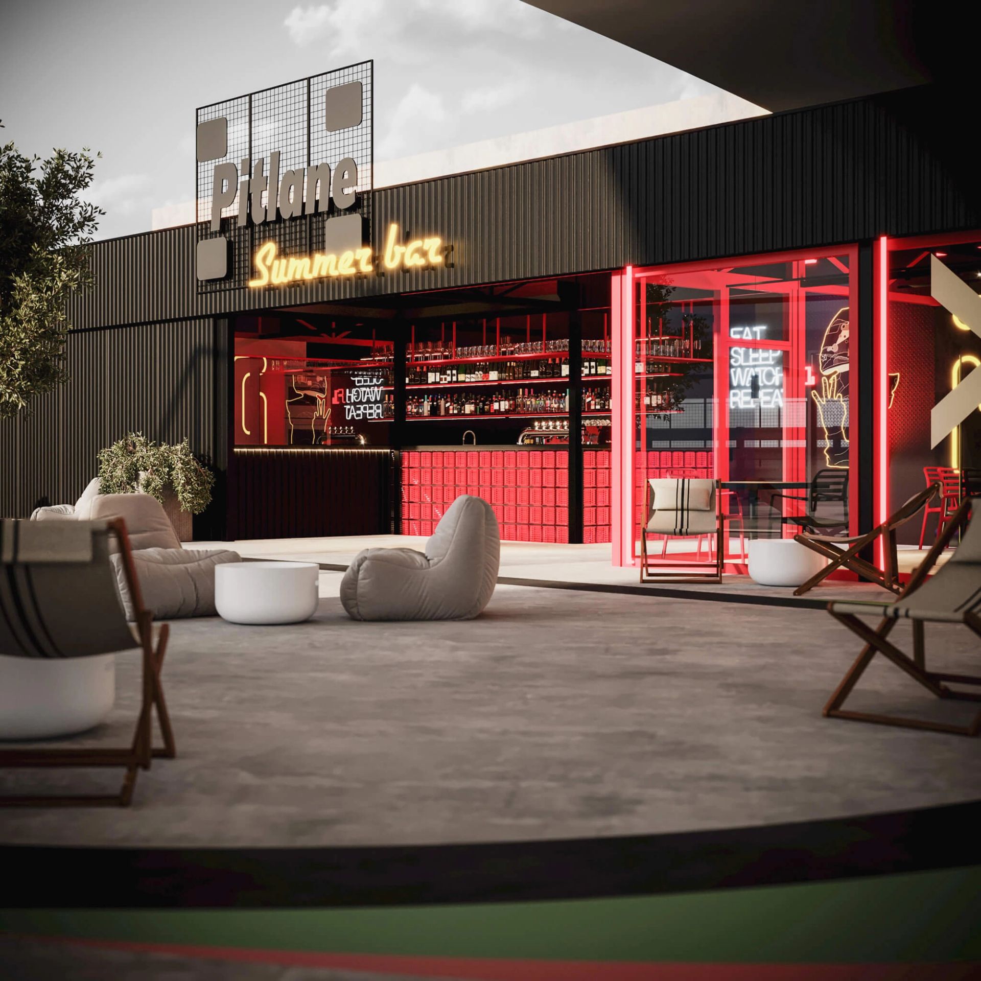 Pitlane Summer Bar — bar na dachu Wroclavii — Wrocław, Komercyjne, projektowanie wnętrz Wrocław (M.076) we.make