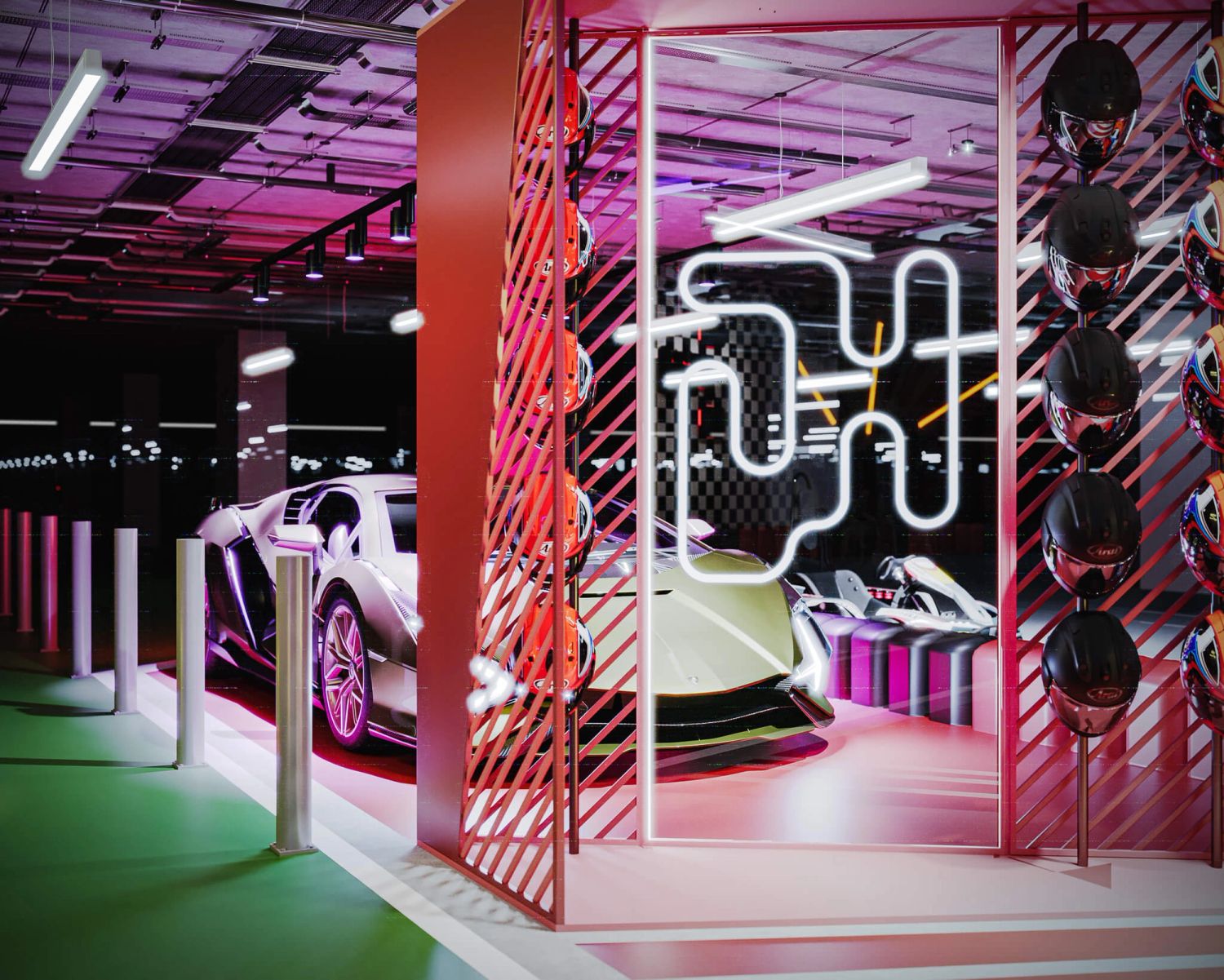 Tor kartingowy — design w duchu motorsportu — projektowanie wnętrz Wrocław, we.make (4)