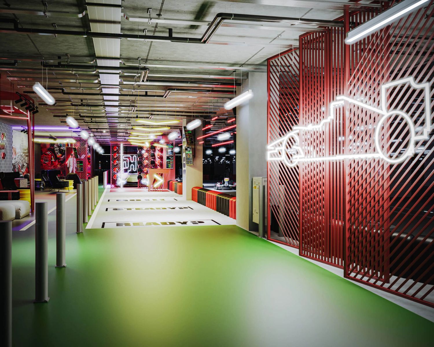Tor kartingowy — design w duchu motorsportu — projektowanie wnętrz Wrocław, we.make (2)