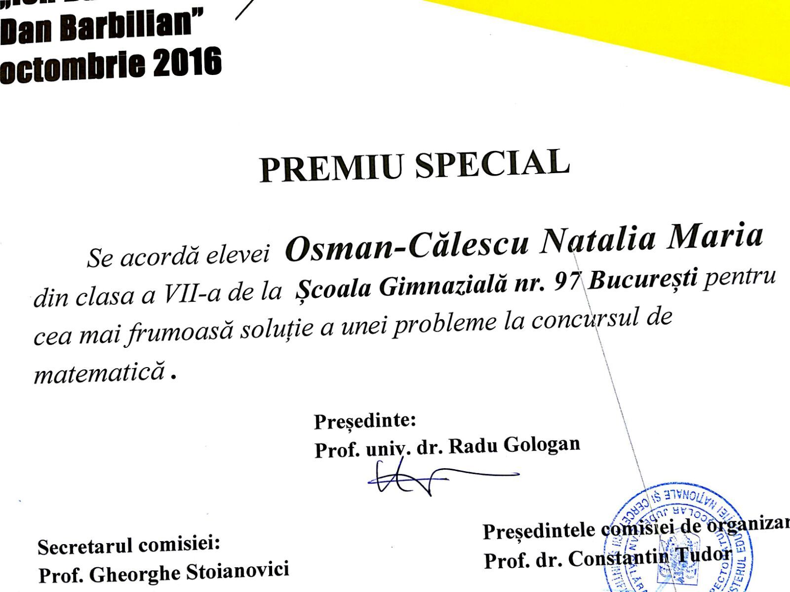 Premiu special la Concursul Interjudețean „Ion Barbu – Dan Barbilian”