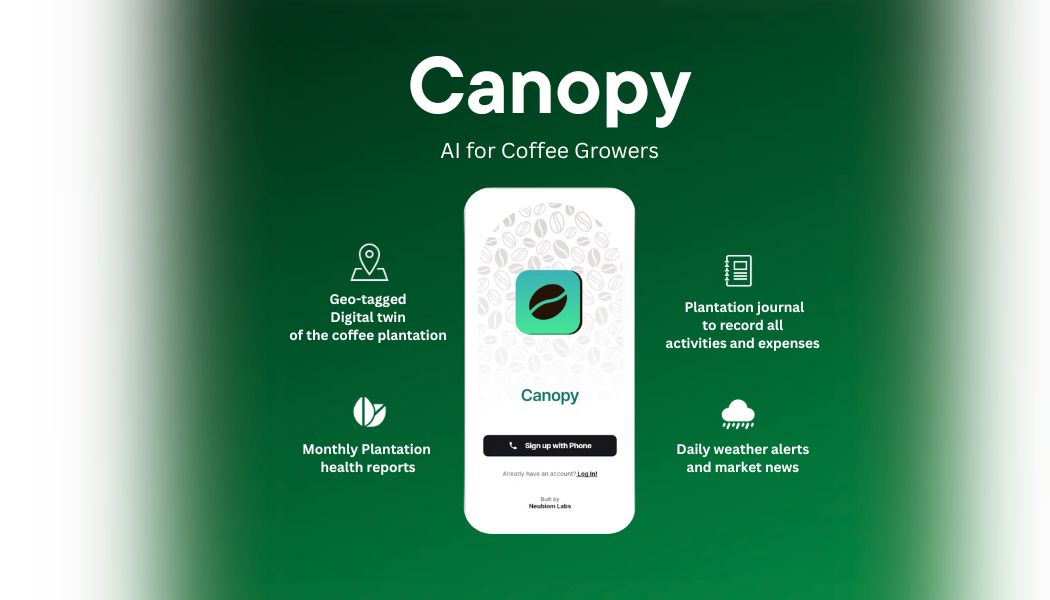 Canopy AI for Coffee Growers app shown on a smartphone, highlighting features like a digital plantation twin, health reports, and market alerts.