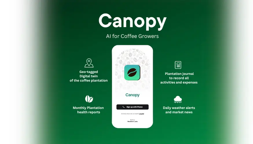 Canopy AI for Coffee Growers app shown on a smartphone, highlighting features like a digital plantation twin, health reports, and market alerts.