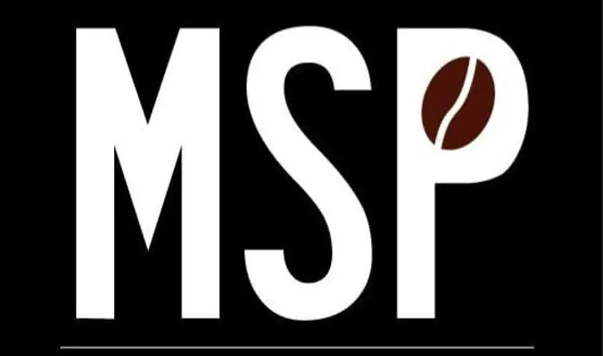 a logo for msp with a coffee bean in the middle .
