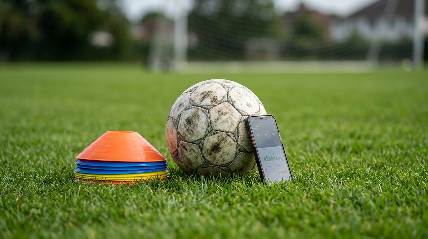 A soccer ball next to a smartphone and training cones on green grass, comparing private trainers and training apps